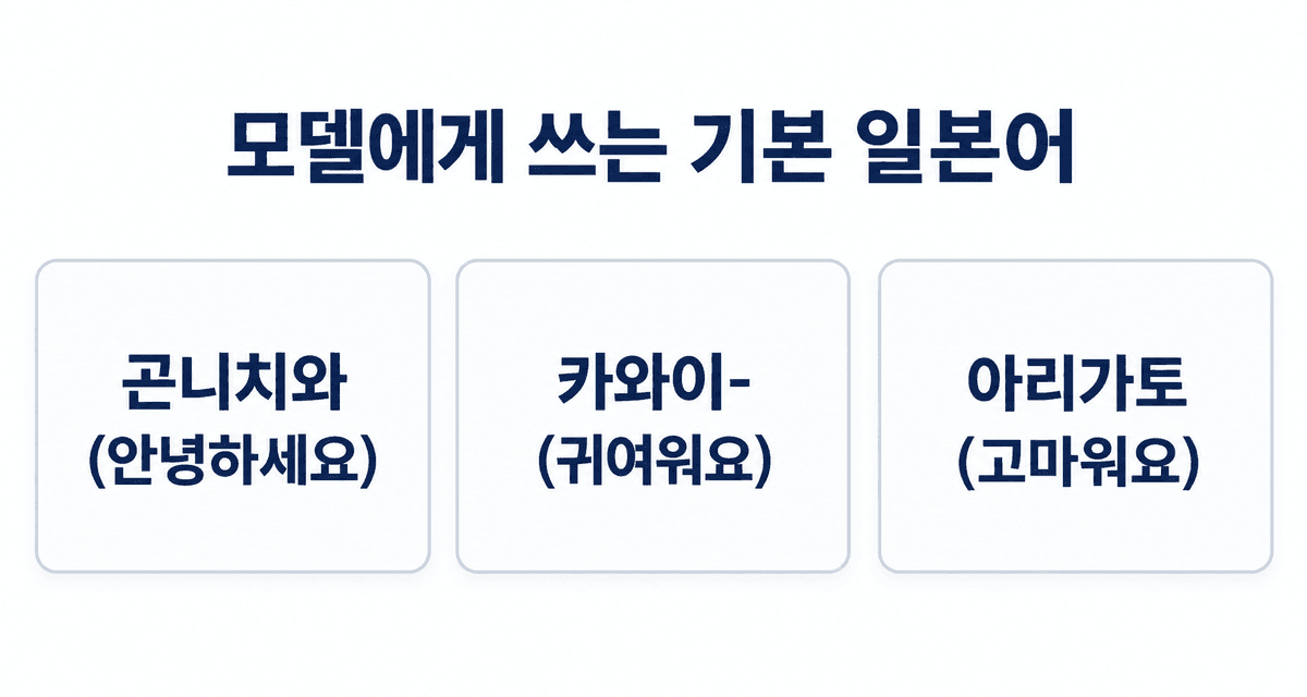 일본인 모델에게 쓰는 기본 일본어: 곤니치와(안녕하세요), 카와이-(귀여워요), 아리가토-(고마워요)