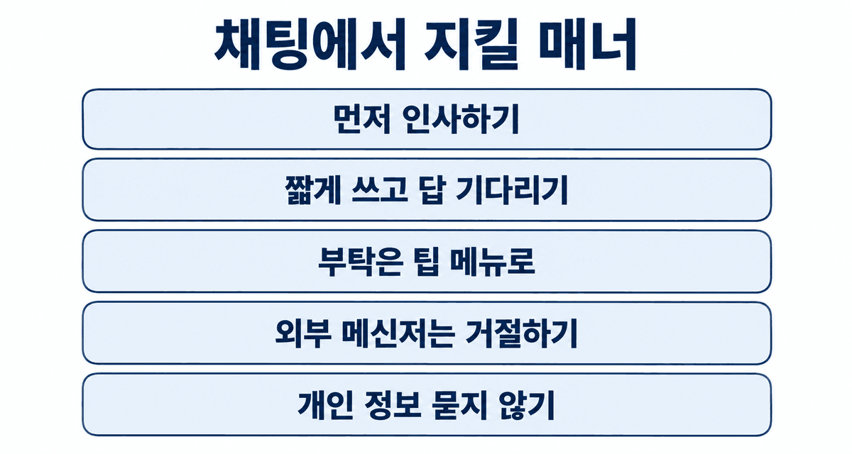 채팅 매너: 먼저 인사하기, 짧게 쓰고 답 기다리기, 부탁은 팁 메뉴로, 외부 메신저 거절하기, 개인 정보 묻지 않기