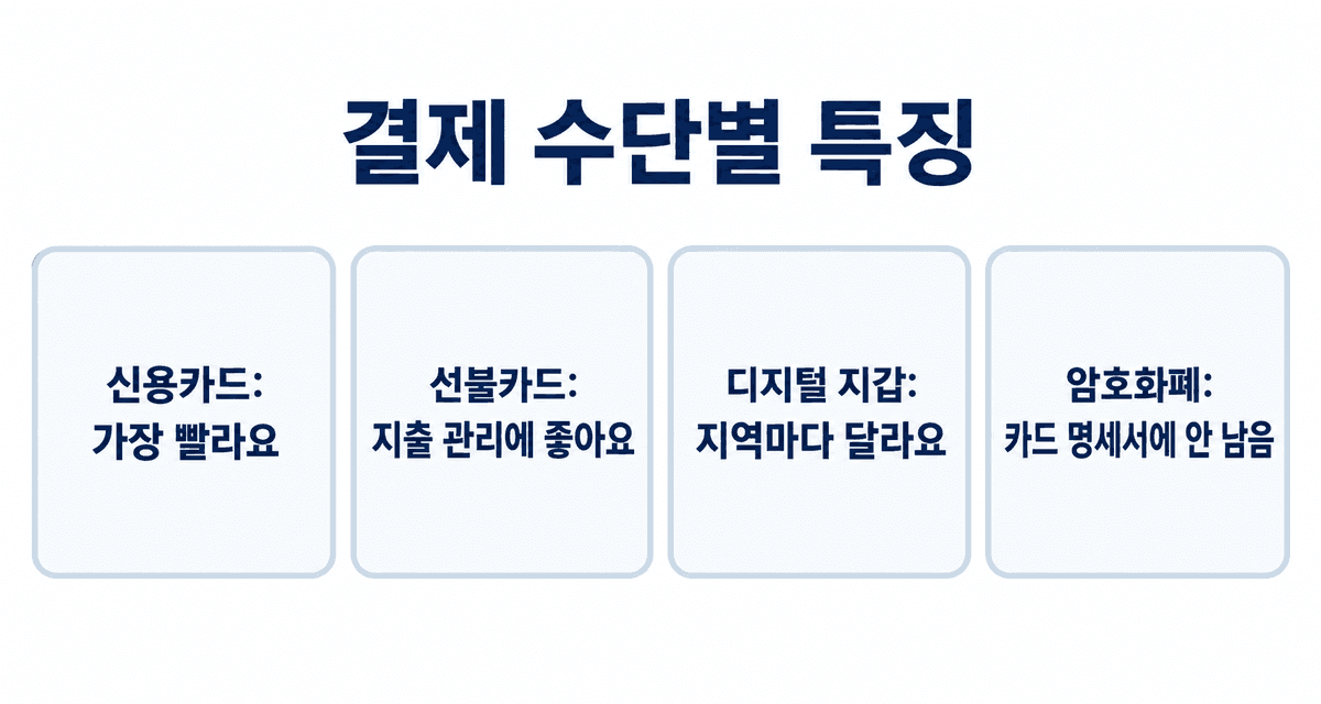 결제 수단별 특징: 신용카드는 가장 빠르고, 선불카드는 지출 관리에 좋고, 디지털 지갑은 지역에 따라 다르고, 암호화폐 결제는 카드 명세서에 기록되지 않아요