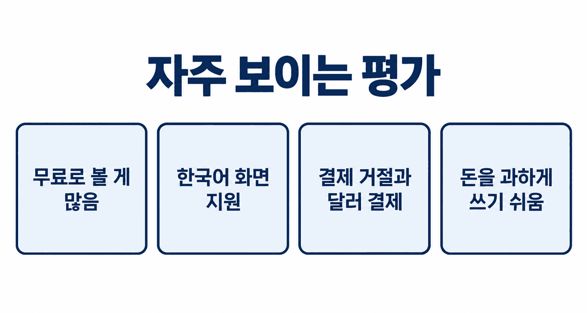 자주 보이는 평가: 무료로 볼 게 많음, 한국어 화면 지원, 결제 거절과 달러 결제, 돈을 과하게 쓰기 쉬움
