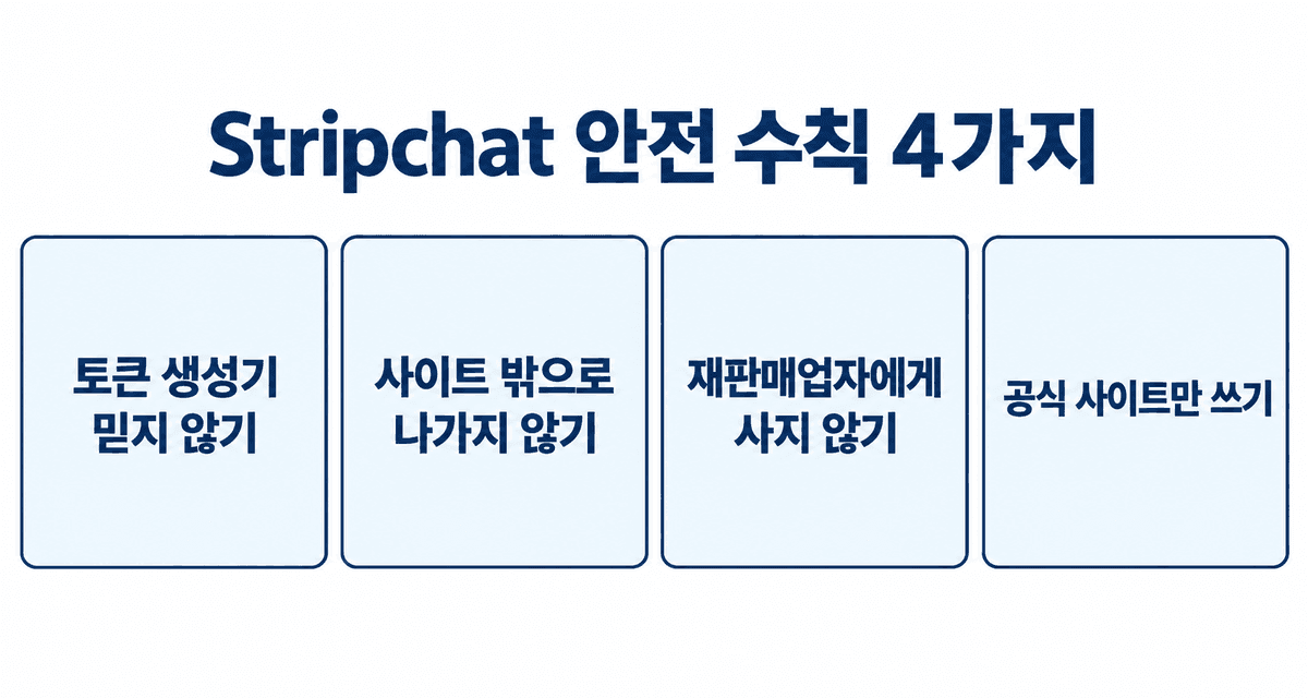 Stripchat을 안전하게 쓰는 4가지 원칙: 토큰 생성기를 믿지 않기, 사이트 밖으로 나가지 않기, 재판매업자에게 사지 않기, 공식 사이트만 쓰기