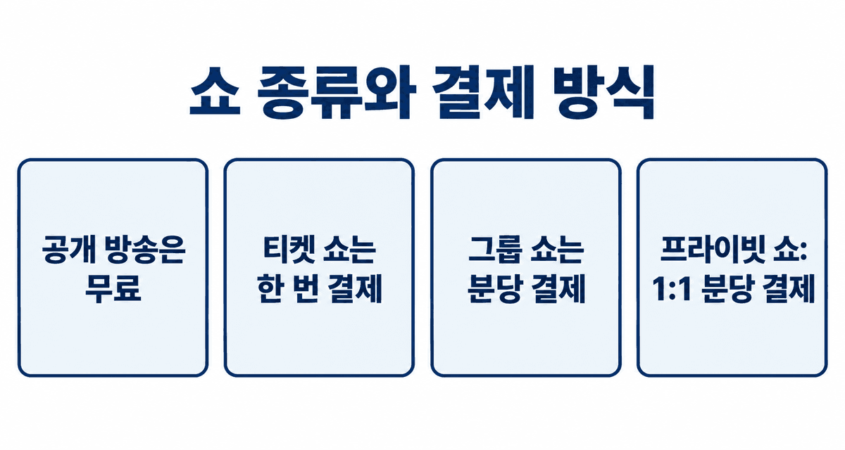스트립챗의 쇼 종류와 결제 방식: 공개 방송은 무료, 티켓 쇼는 한 번 결제, 그룹 쇼는 분당 결제, 프라이빗 쇼는 1:1 분당 결제