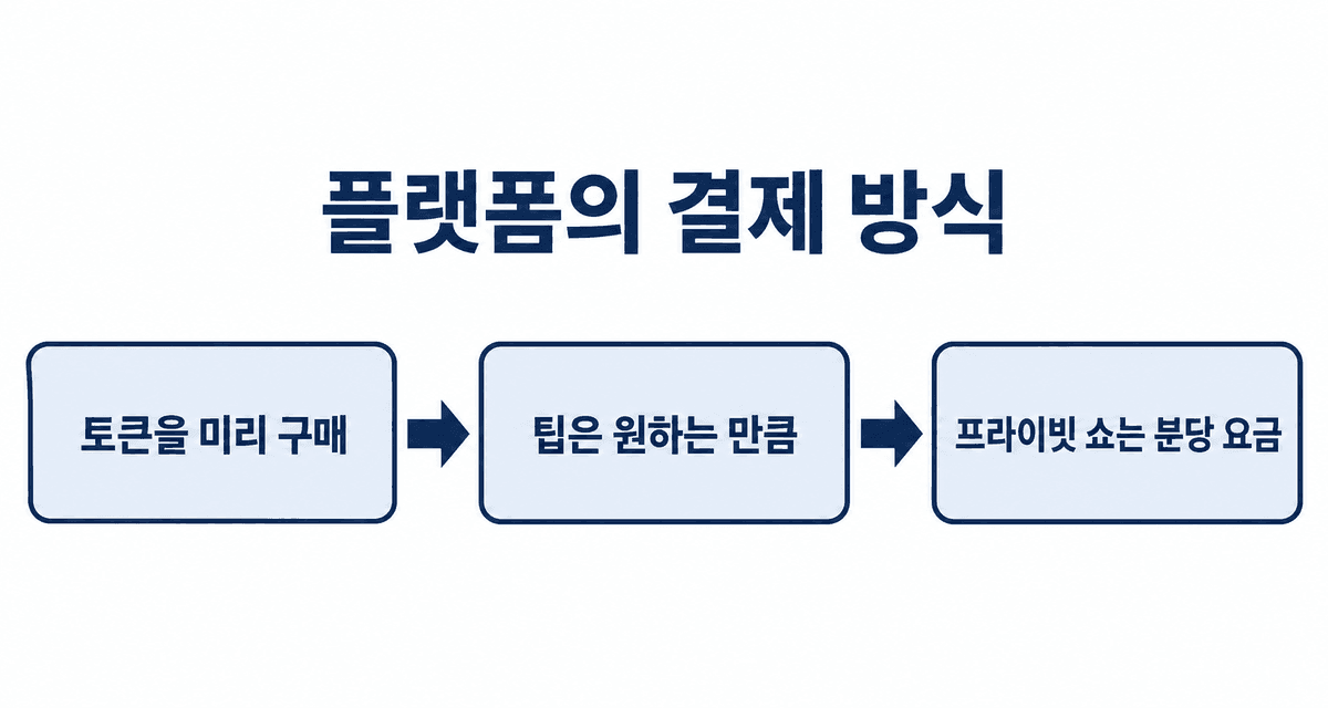 플랫폼의 결제 방식: 토큰을 미리 사고, 팁은 원하는 만큼 보내고, 프라이빗 쇼는 분 단위로 토큰이 나감