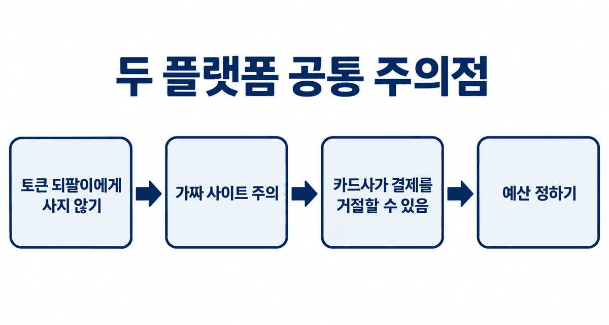 두 플랫폼 공통 주의점: 토큰 되팔이에게 사지 않기, 가짜 사이트 주의, 카드사가 결제를 거절할 수 있음, 예산 정하기