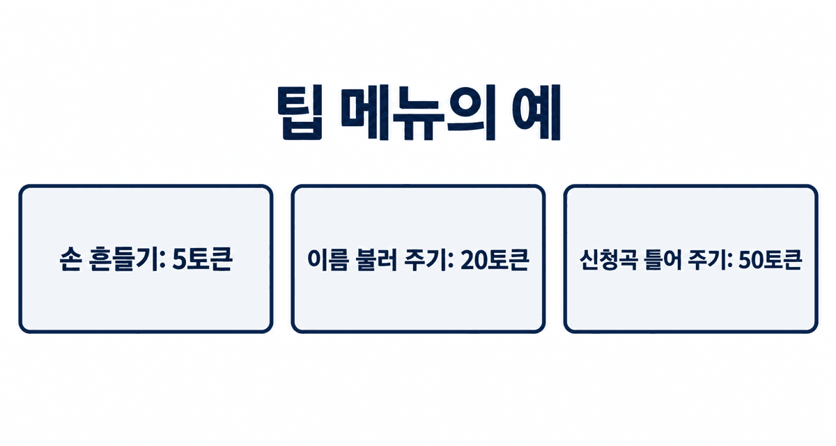 팁 메뉴의 예: 손 흔들기 5토큰, 이름 불러 주기 20토큰, 신청곡 틀어 주기 50토큰