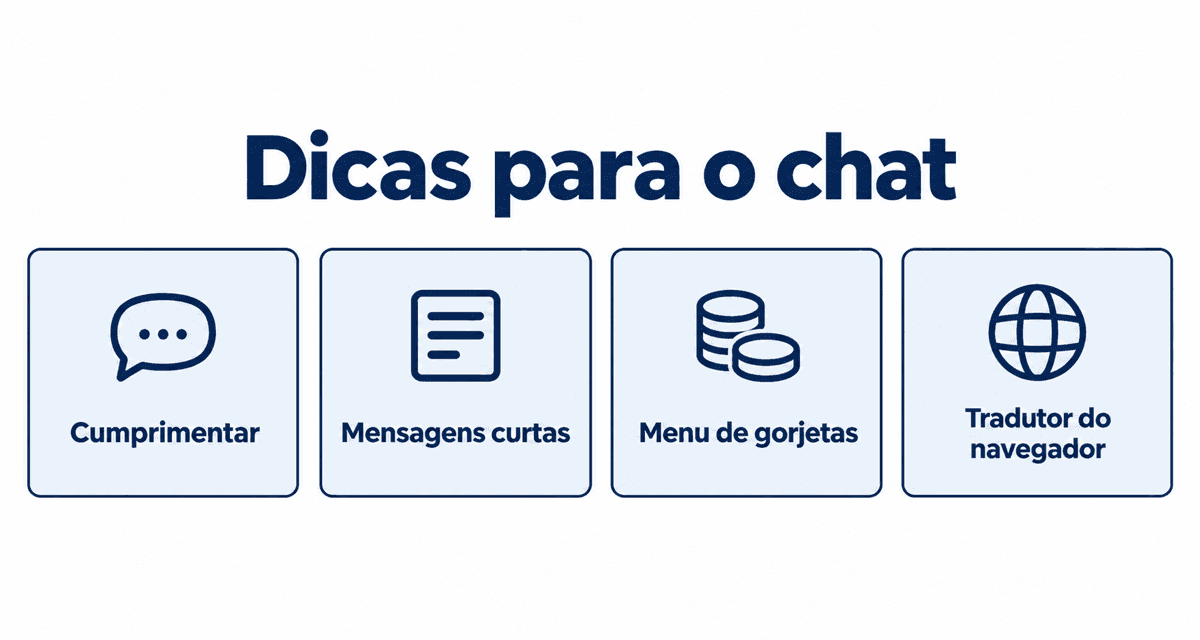 Dicas para o chat: cumprimentar, escrever mensagens curtas, usar o menu de gorjetas e o tradutor do navegador