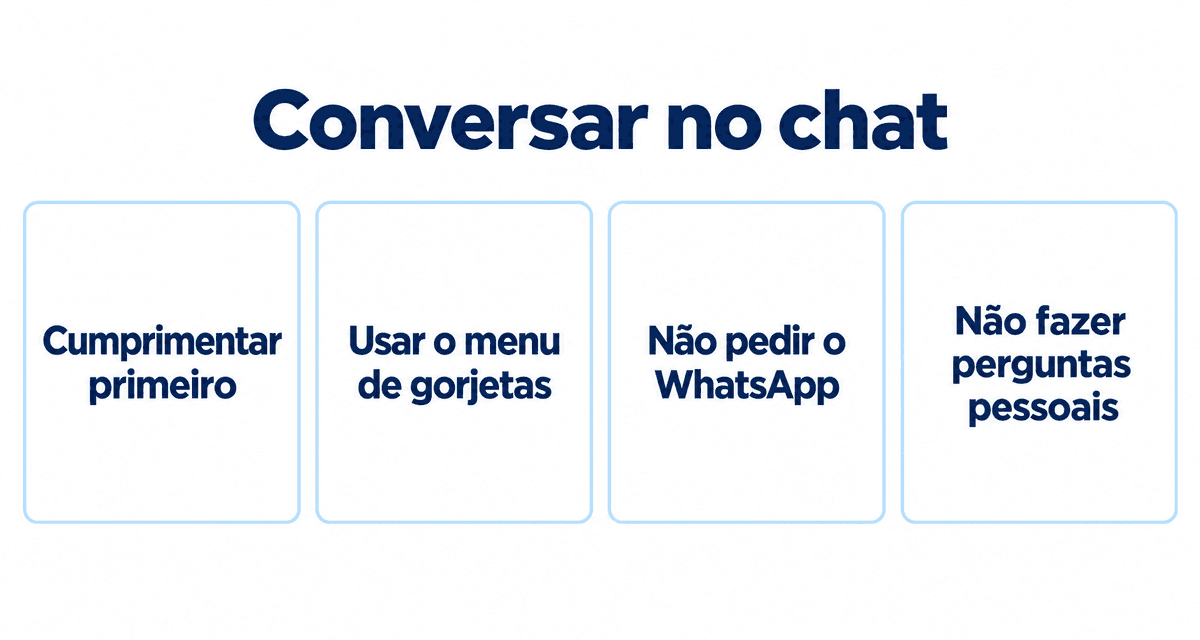 Conversar no chat: cumprimentar primeiro, usar o menu de gorjetas, não pedir o WhatsApp e não fazer perguntas pessoais
