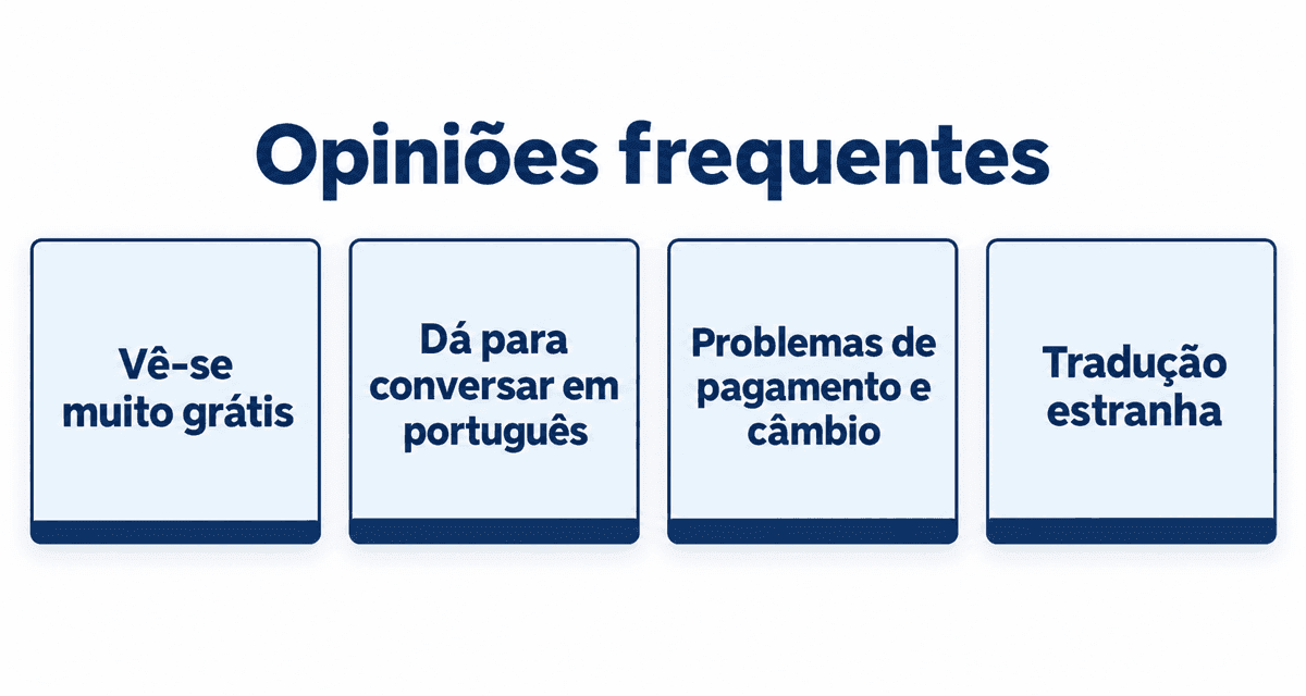Opiniões frequentes: vê-se muito grátis, dá para conversar em português, problemas de pagamento e câmbio e uma tradução estranha