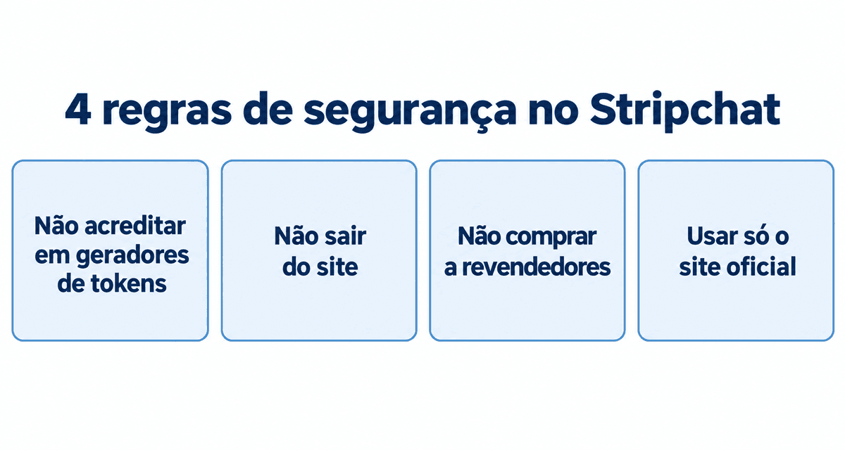 4 regras para usar o Stripchat com segurança: não acreditar em geradores de tokens, não sair do site, não comprar a revendedores e usar só o site oficial