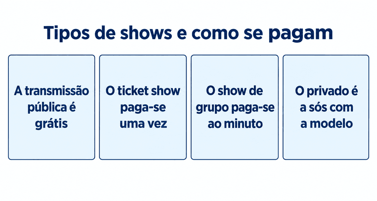 Tipos de shows do Stripchat e como se pagam: a transmissão pública é grátis, o ticket show paga-se uma vez, o de grupo ao minuto e o privado é a sós