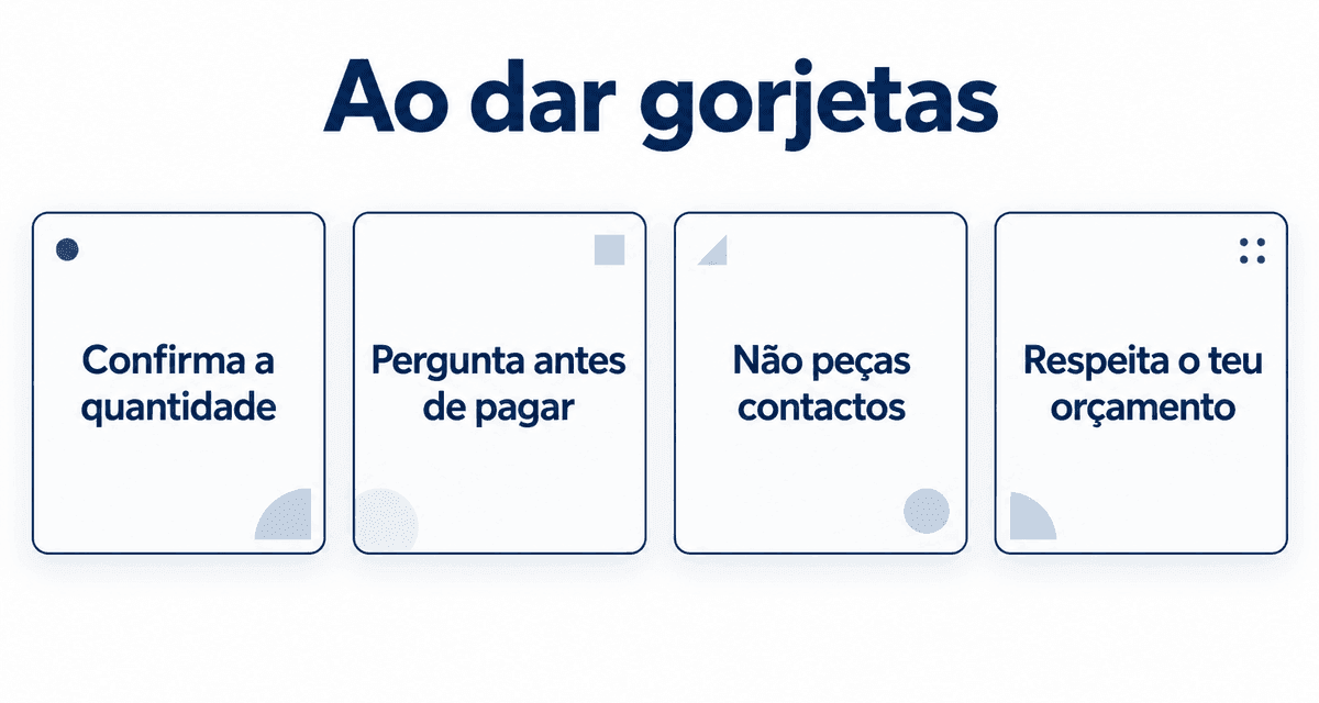 Ao dar gorjetas: confirma a quantidade, pergunta antes de pagar, não peças contactos e respeita o teu orçamento