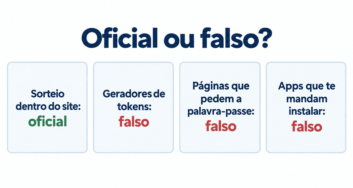 Oficial ou falso: o sorteio dentro do site é oficial; os geradores, as páginas que pedem a palavra-passe e as apps que te mandam instalar são falsos