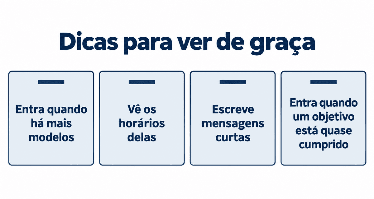 Dicas para ver de graça: entra quando há mais modelos, vê os horários delas, escreve mensagens curtas e entra quando um objetivo está quase cumprido