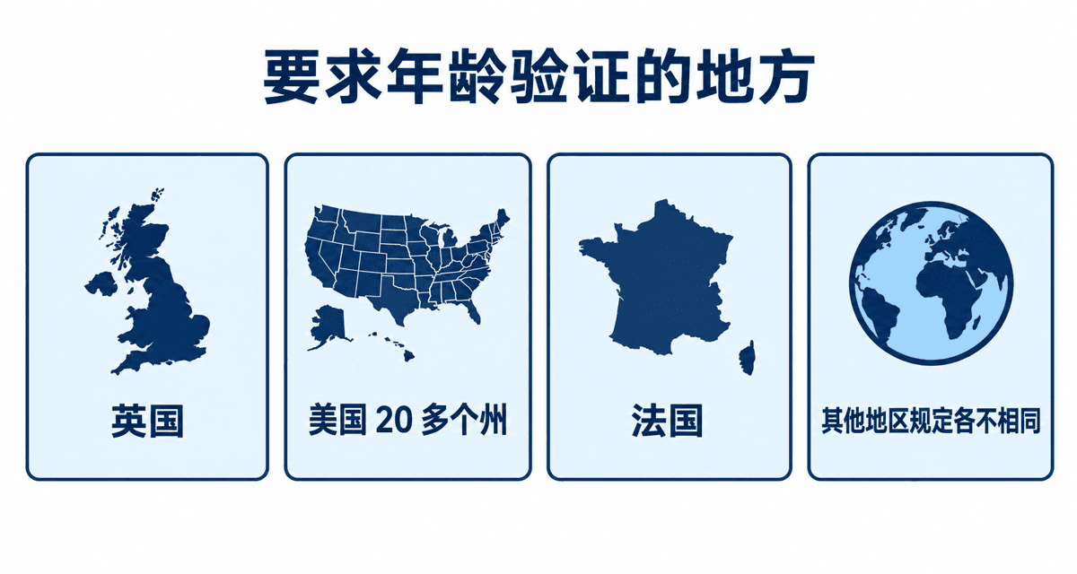 要求年龄验证的地方：英国、美国 20 多个州、法国、其他地区规定各不相同