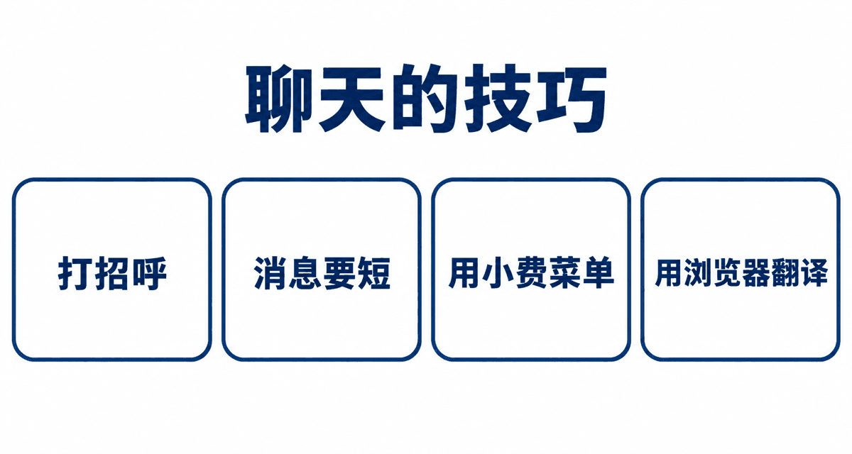 聊天的技巧：打招呼、消息要短、用小费菜单、用浏览器翻译