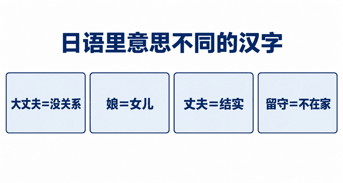 日语里意思不同的汉字：大丈夫＝没关系、娘＝女儿、丈夫＝结实、留守＝不在家