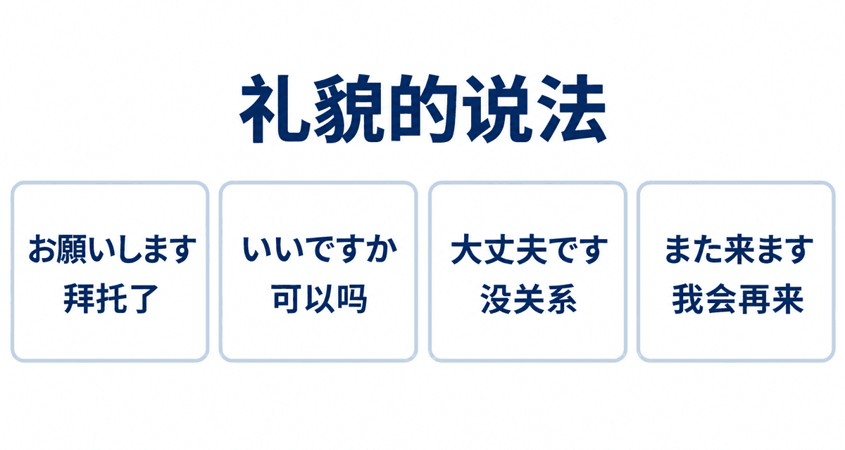 礼貌的说法：お願いします 拜托了、いいですか 可以吗、大丈夫です 没关系、また来ます 我会再来
