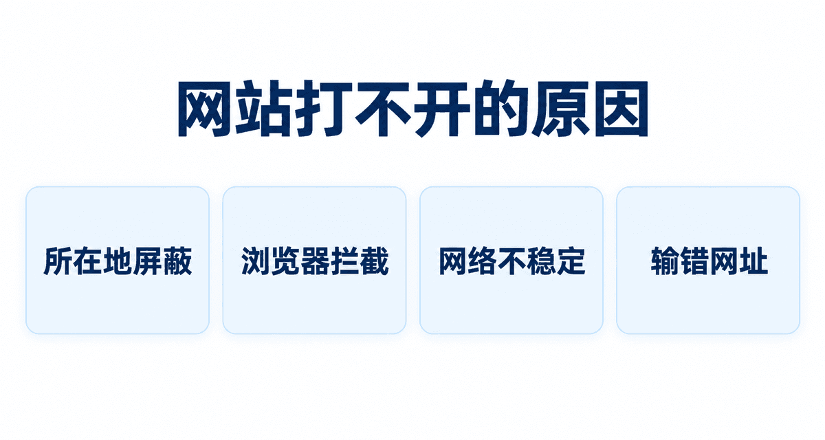 网站打不开的原因：所在地屏蔽、浏览器拦截、网络不稳定、输错网址