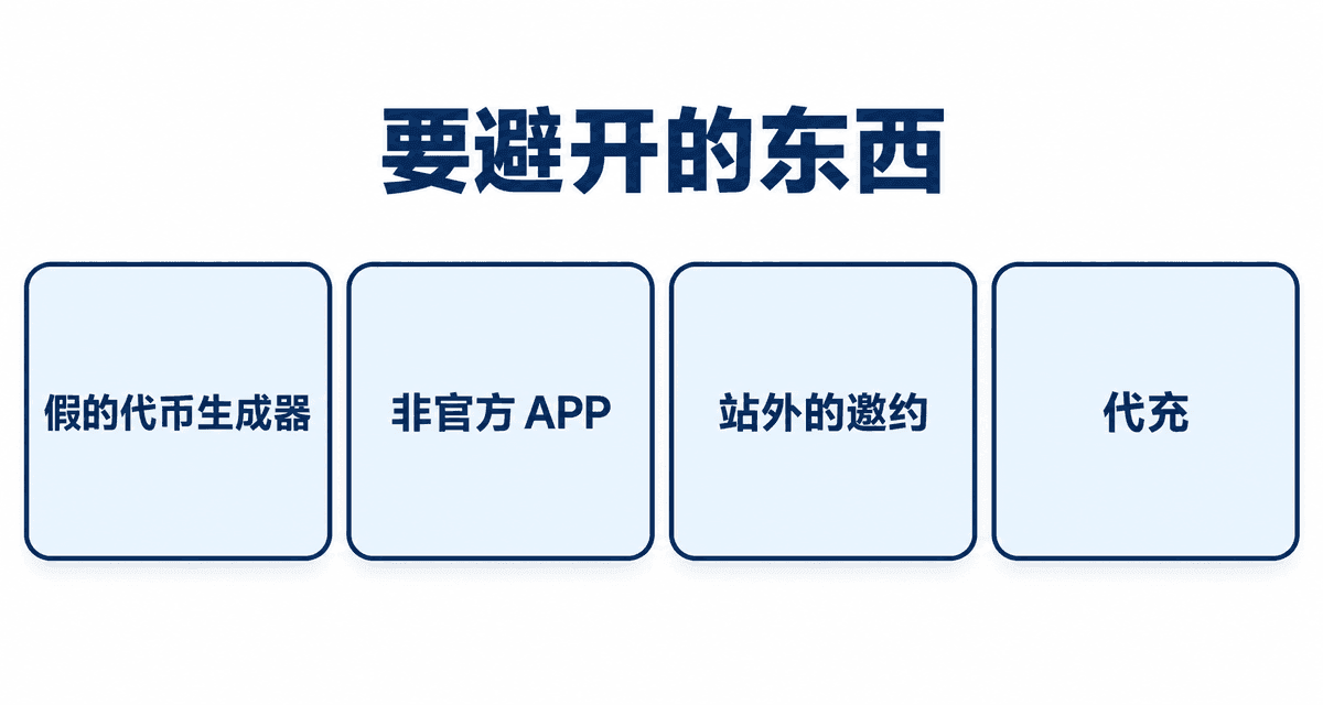 要避开的东西：假的代币生成器、非官方 APP、站外的邀约、代充