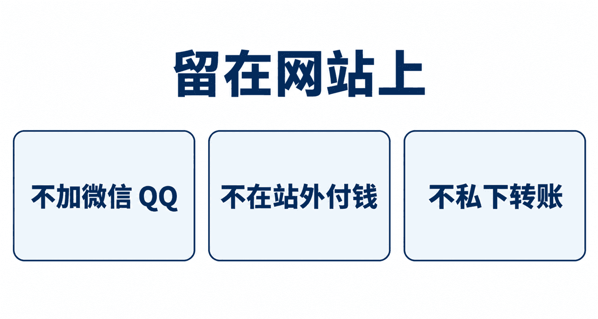 留在网站上：不加微信 QQ、不在站外付钱、不私下转账