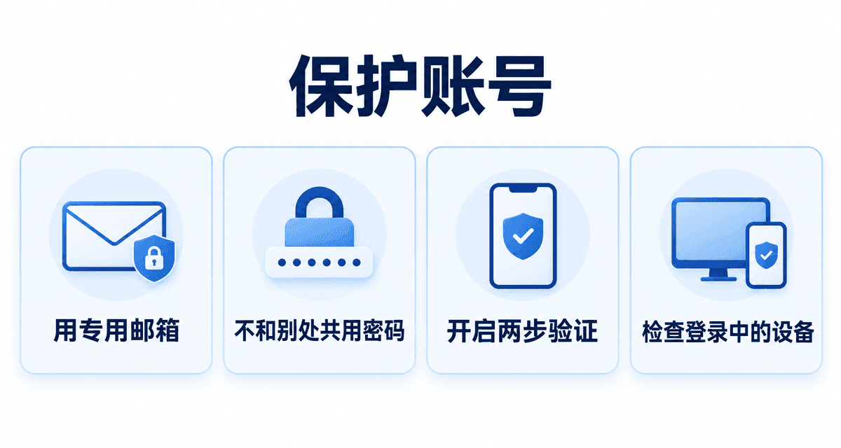 保护账号：用专用邮箱、不和别处共用密码、开启两步验证、检查登录中的设备