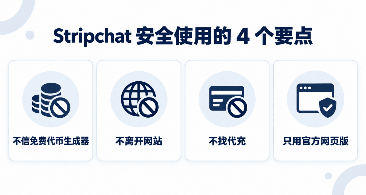 Stripchat 安全使用的 4 个要点：不信免费代币生成器、不离开网站、不找代充、只用官方网页版