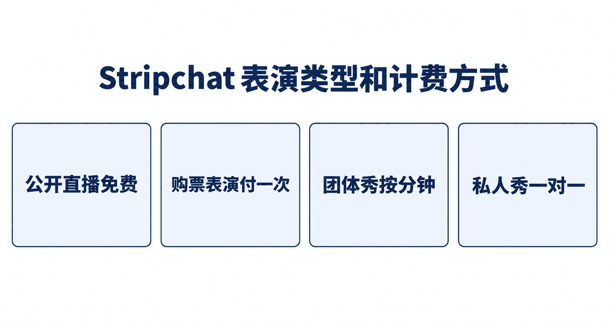 Stripchat 表演类型和计费方式：公开直播免费、购票表演付一次、团体秀按分钟、私人秀一对一