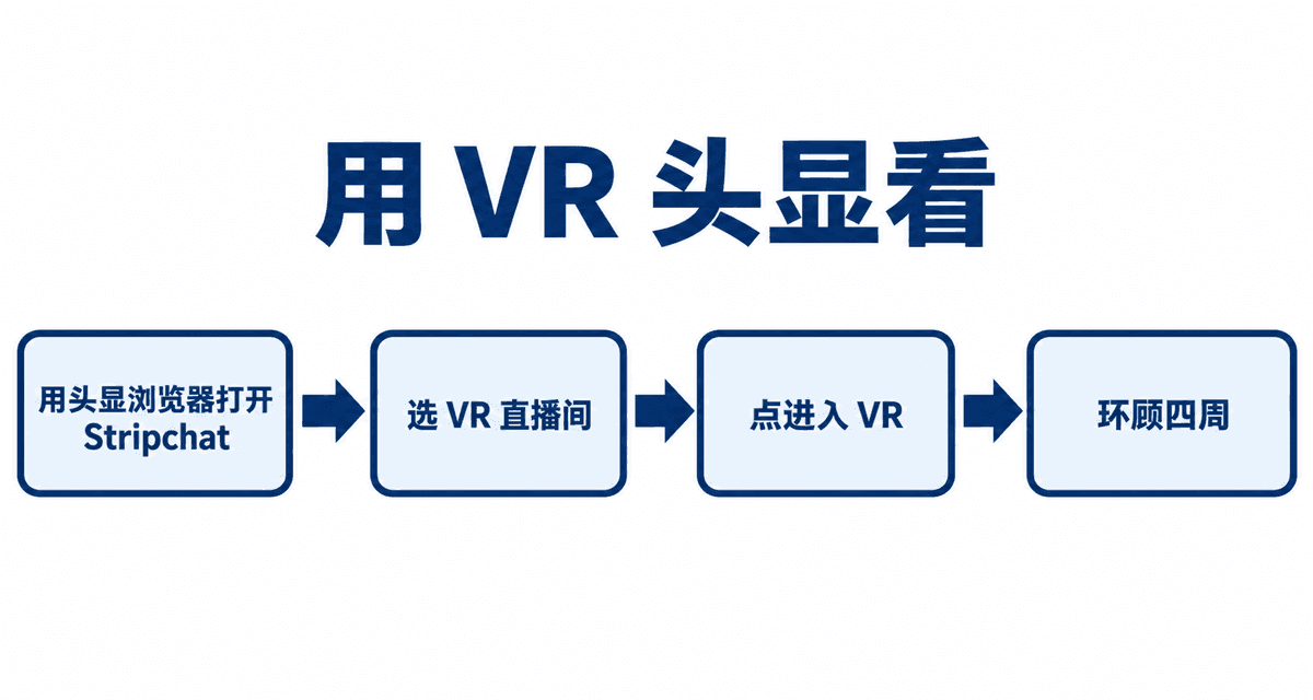 用 VR 头显看：用头显浏览器打开 Stripchat→选 VR 直播间→点进入 VR→环顾四周