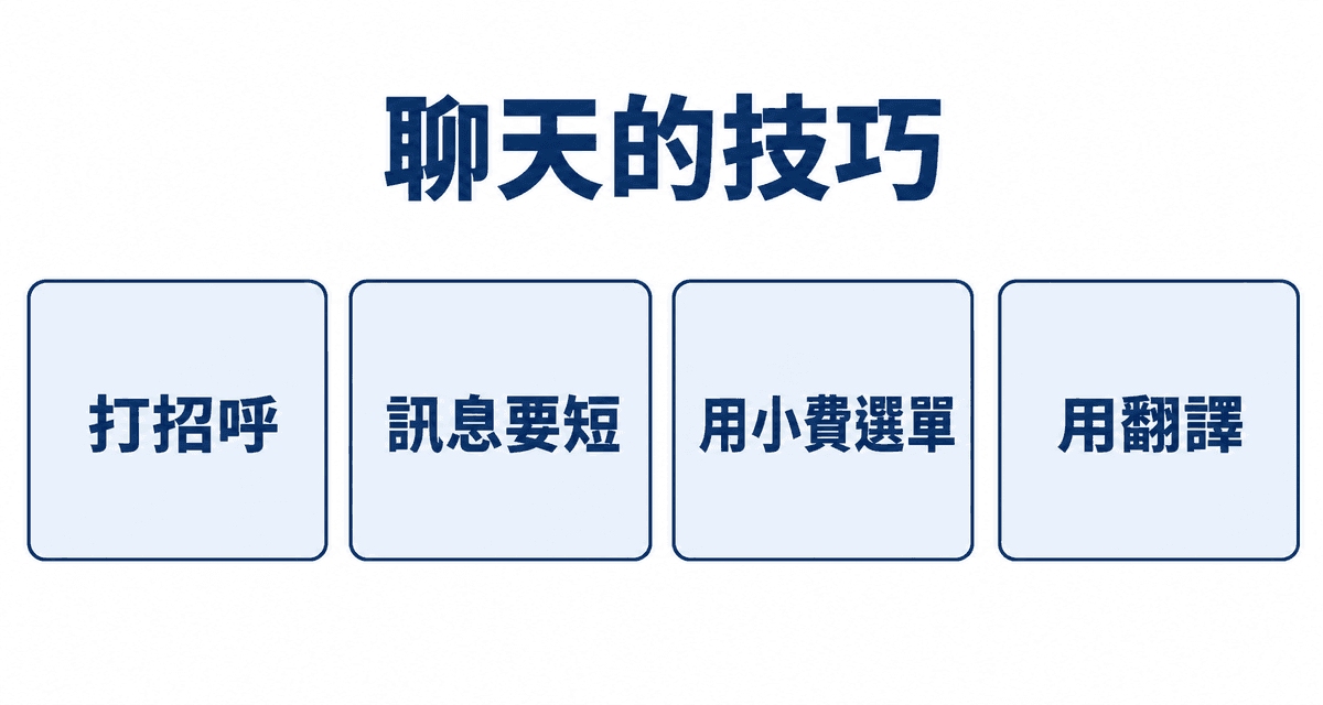 聊天的技巧：打招呼、訊息要短、用小費選單、用翻譯