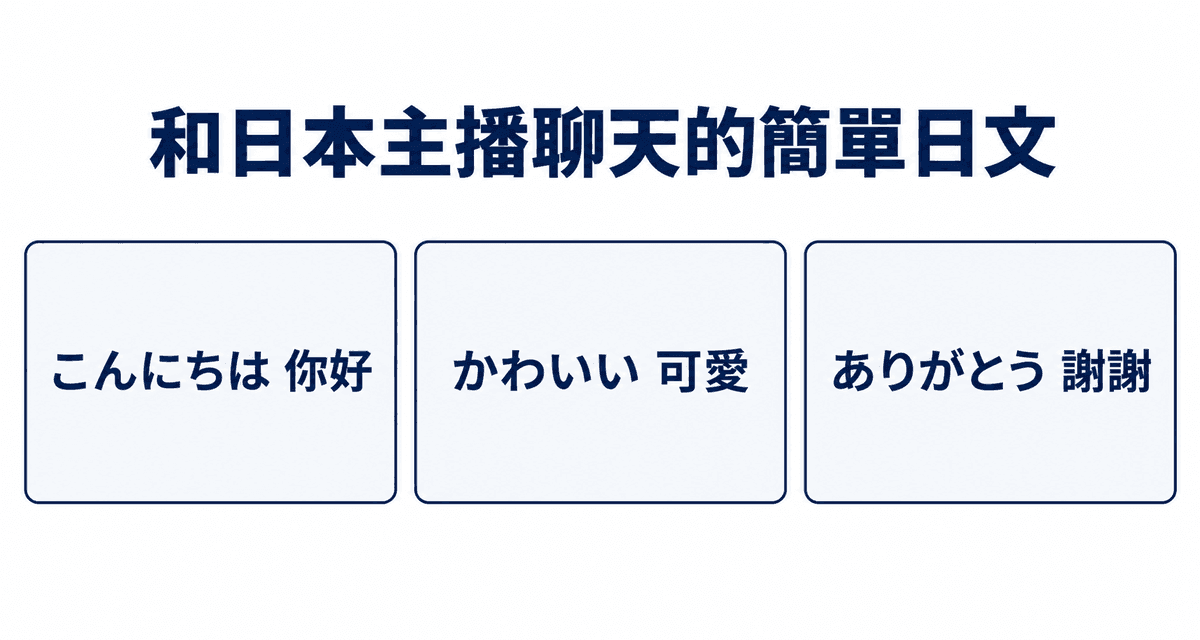 和日本主播聊天的簡單日文：こんにちは 你好、かわいい 可愛、ありがとう 謝謝