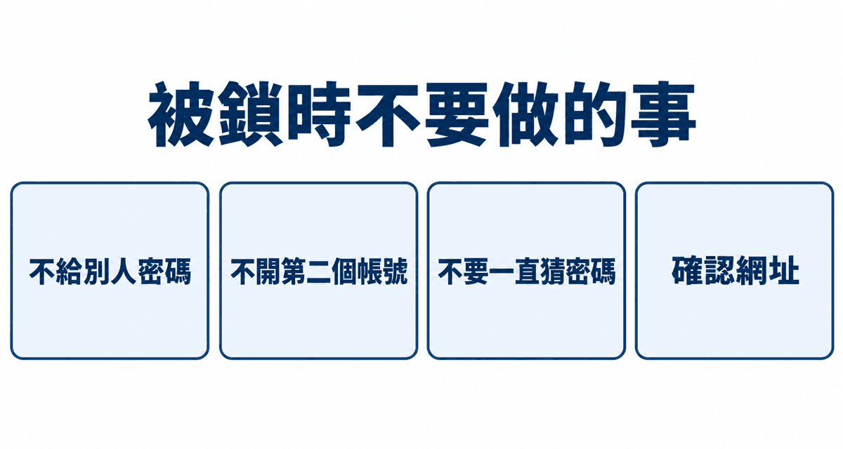 被鎖時不要做的事:不給別人密碼、不開第二個帳號、不要一直猜密碼、確認網址