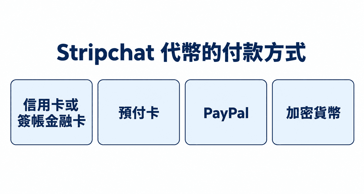 Stripchat 代幣的付款方式：信用卡或簽帳金融卡、預付卡、PayPal、加密貨幣