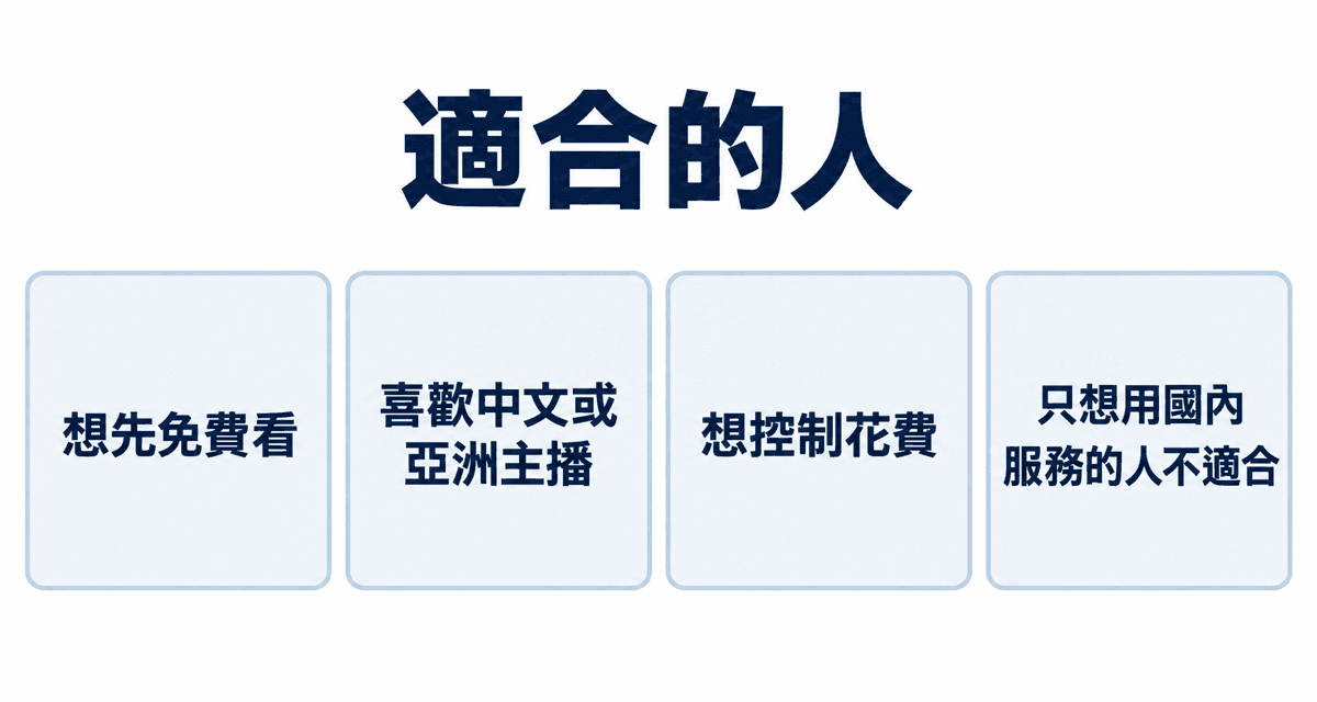 適合的人：想先免費看、喜歡中文或亞洲主播、想控制花費、只想用國內服務的人不適合