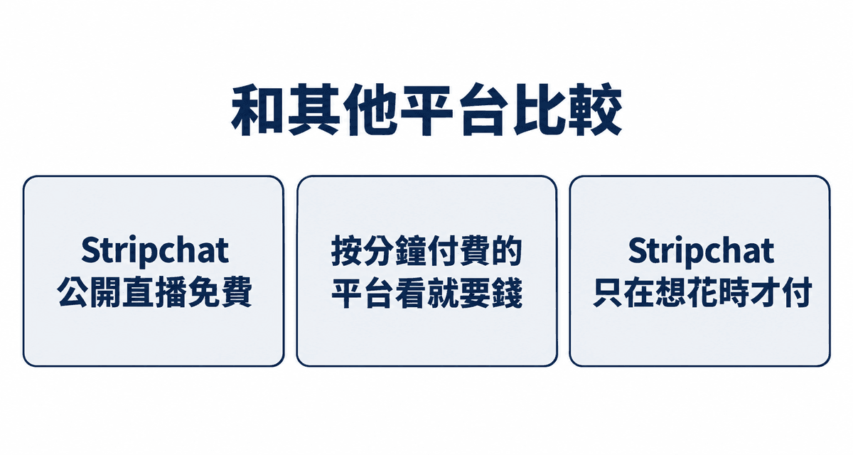 和其他平台比較：Stripchat 公開直播免費、按分鐘付費的平台看就要錢、Stripchat 只在想花時才付
