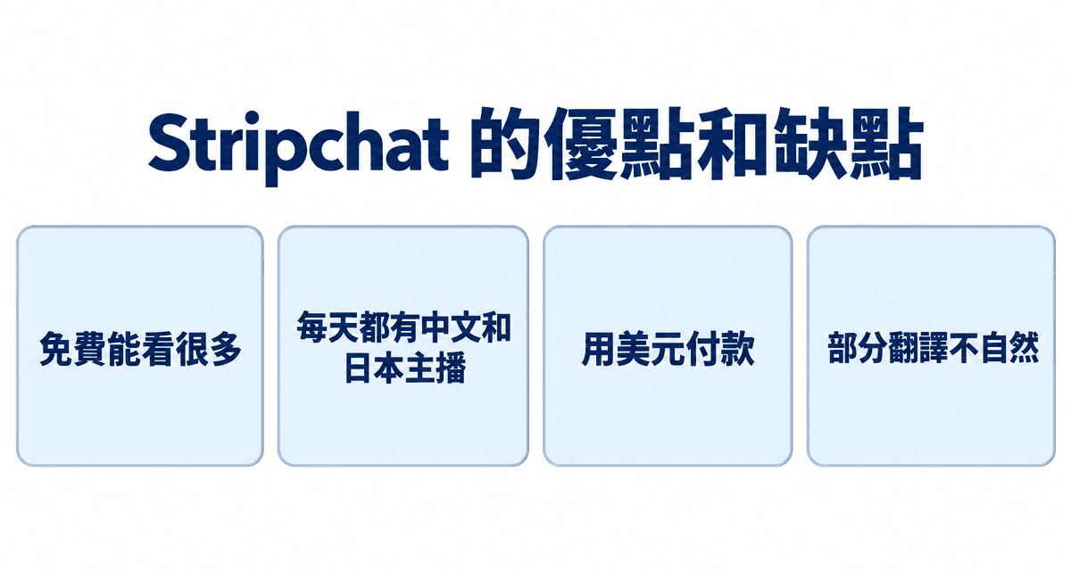 Stripchat 的優點和缺點：免費能看很多、每天都有中文和日本主播、用美元付款、部分翻譯不自然