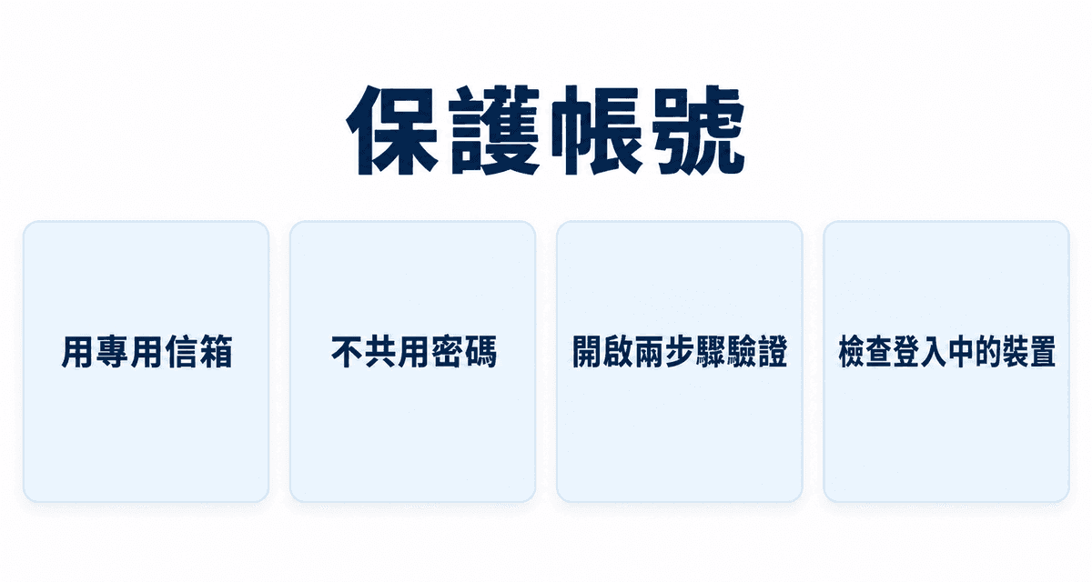 保護帳號：用專用信箱、不共用密碼、開啟兩步驟驗證、檢查登入中的裝置