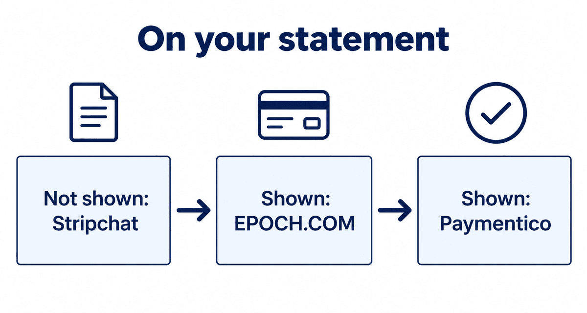 On your statement: Not shown: Stripchat, Shown: EPOCH.COM, Shown: Paymentico