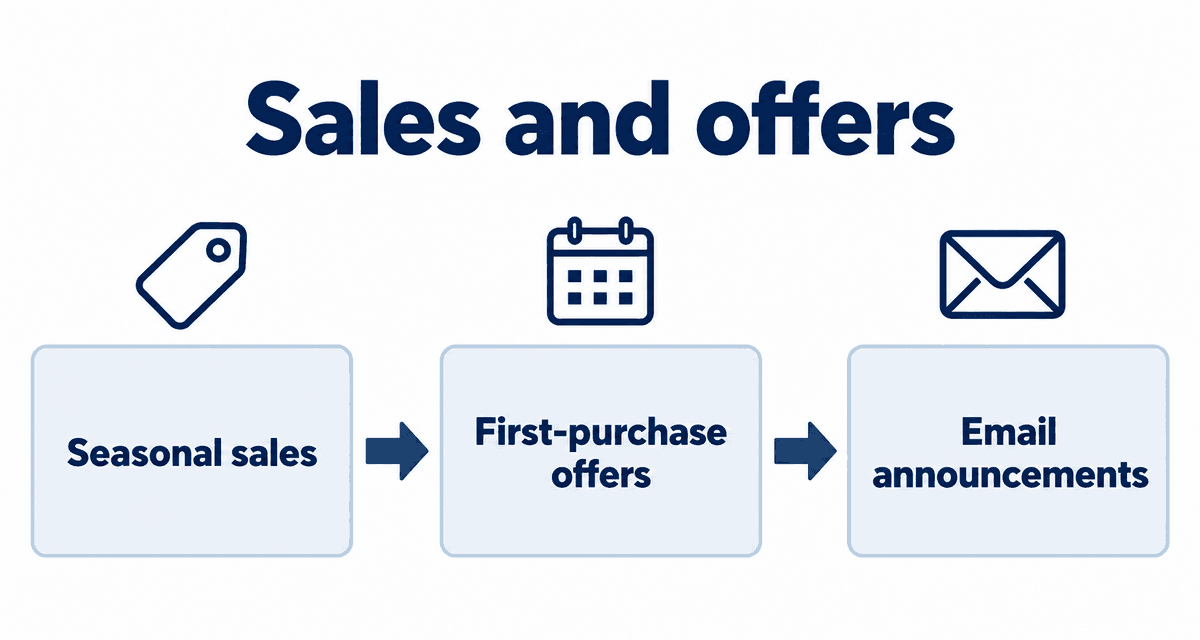 Sales and offers: Seasonal sales, First-purchase offers, Email announcements