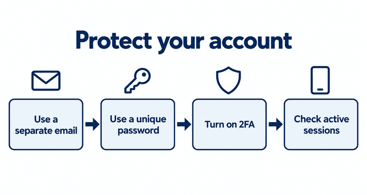 Protect your account: Use a separate email, Use a unique password, Turn on 2FA, Check active sessions