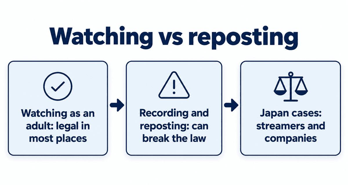 Watching vs reposting: Watching as an adult: legal in most places, Recording and reposting: can break the law, Japan cases: streamers and companies