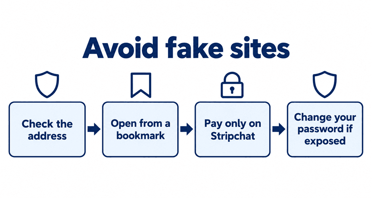 Avoid fake sites: Check the address, Open from a bookmark, Pay only on Stripchat, Change your password if exposed