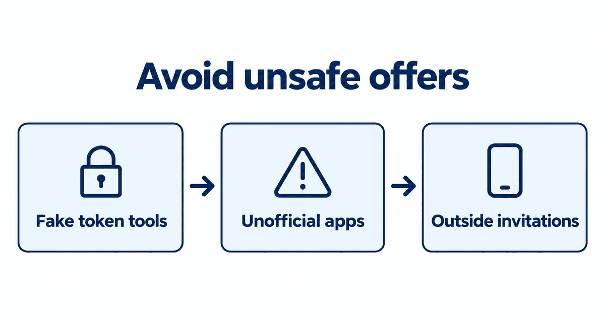 Avoid unsafe offers: Fake token tools, Unofficial apps, Outside invitations