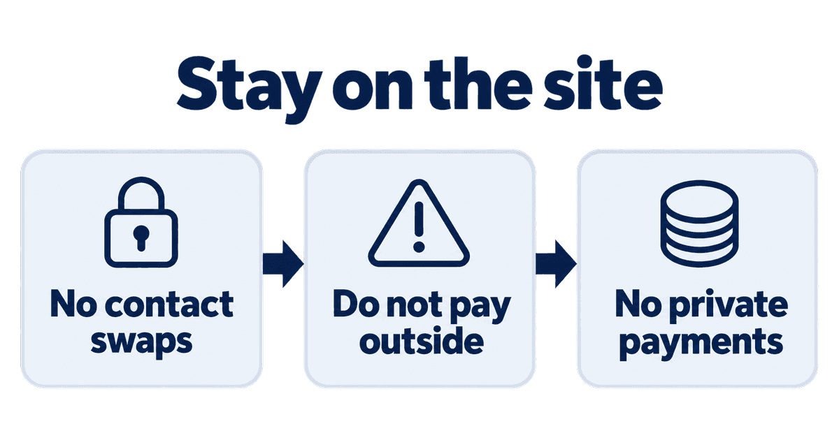 Stay on the site: No contact swaps, Do not pay outside, No private payments