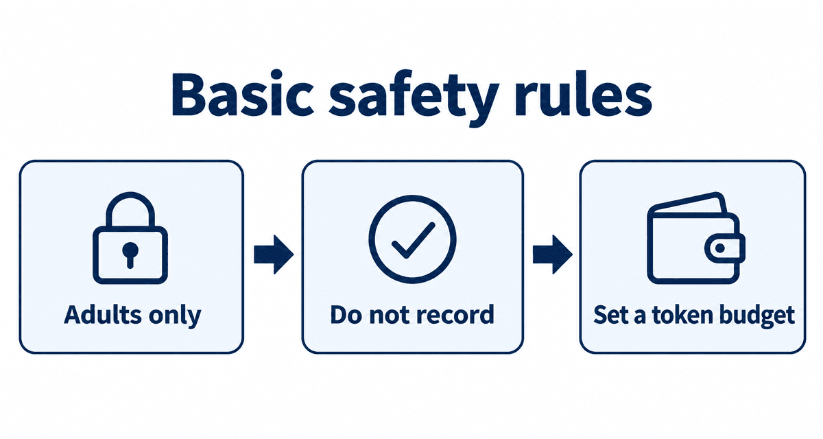 Basic safety rules: Adults only, Do not record, Set a token budget