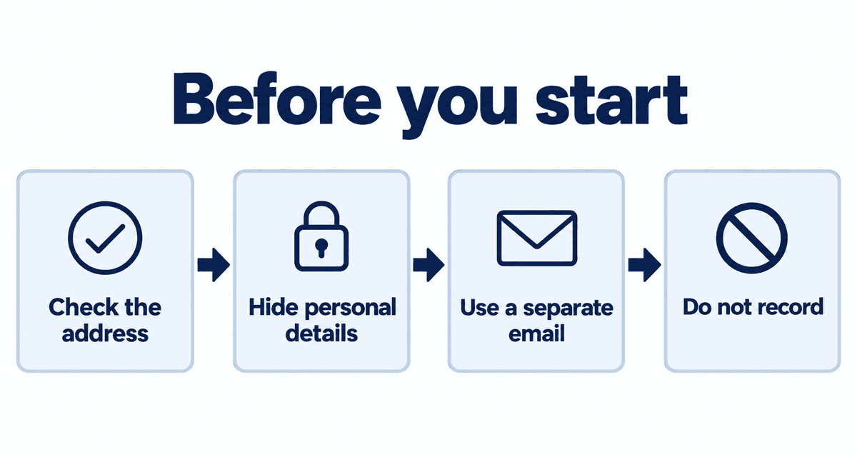 Before you start: Check the address, Hide personal details, Use a separate email, Do not record