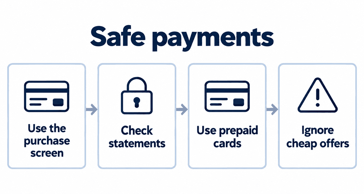 Safe payments: Use the purchase screen, Check statements, Use prepaid cards, Ignore cheap offers