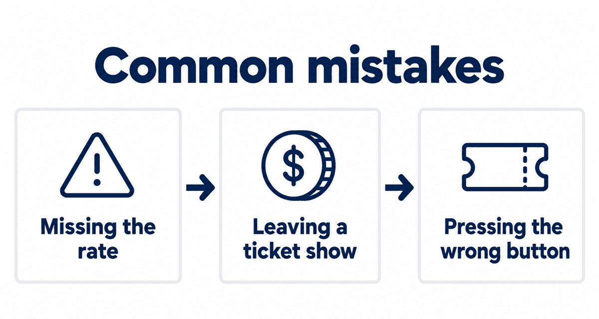 Common mistakes: Missing the rate, Leaving a ticket show, Pressing the wrong button