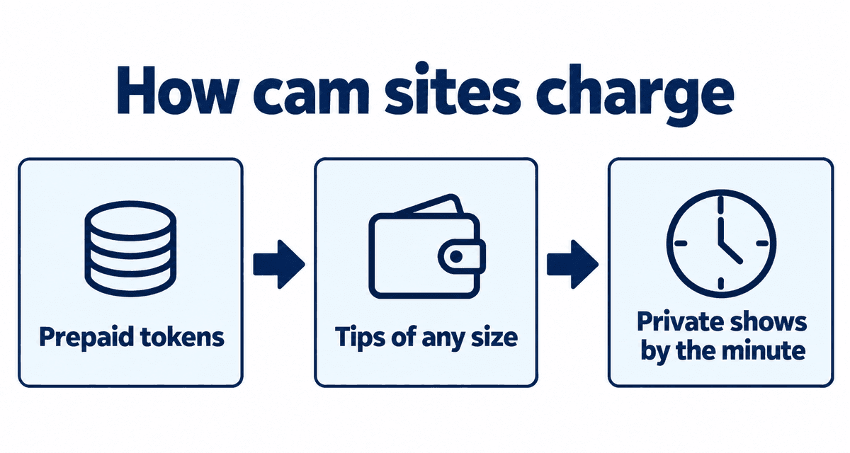 How cam sites charge: prepaid tokens, tips of any size, private shows by the minute