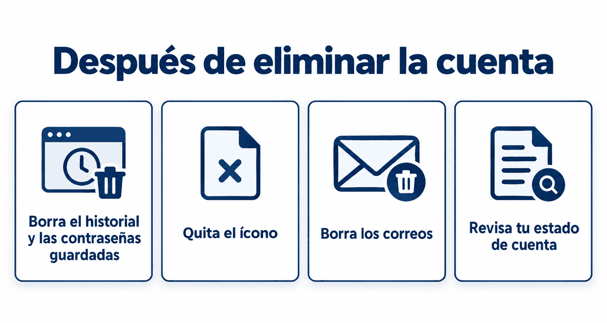 Después de eliminar la cuenta: borra el historial y las contraseñas guardadas, quita el ícono, borra los correos y revisa tu estado de cuenta