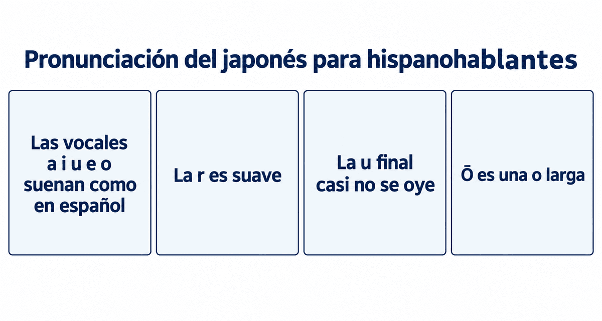Pronunciación del japonés para hispanohablantes: las vocales a i u e o suenan como en español, la r es suave, la u final casi no se oye y ō es una o larga